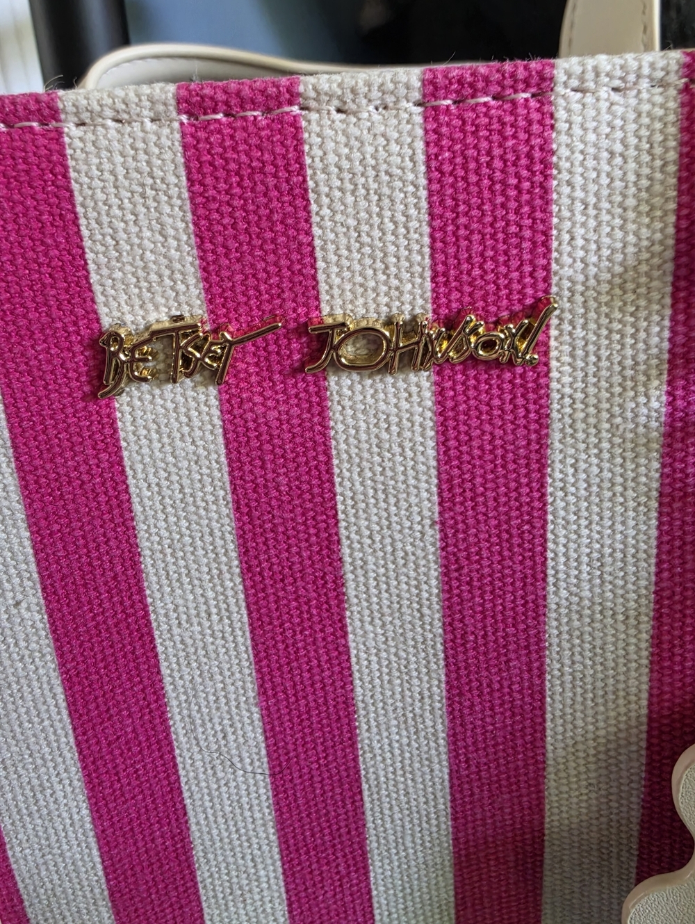 Betsey Johnson White & Pink Striped Women’s Handbag with Floral Charm - Picture 3 of 7